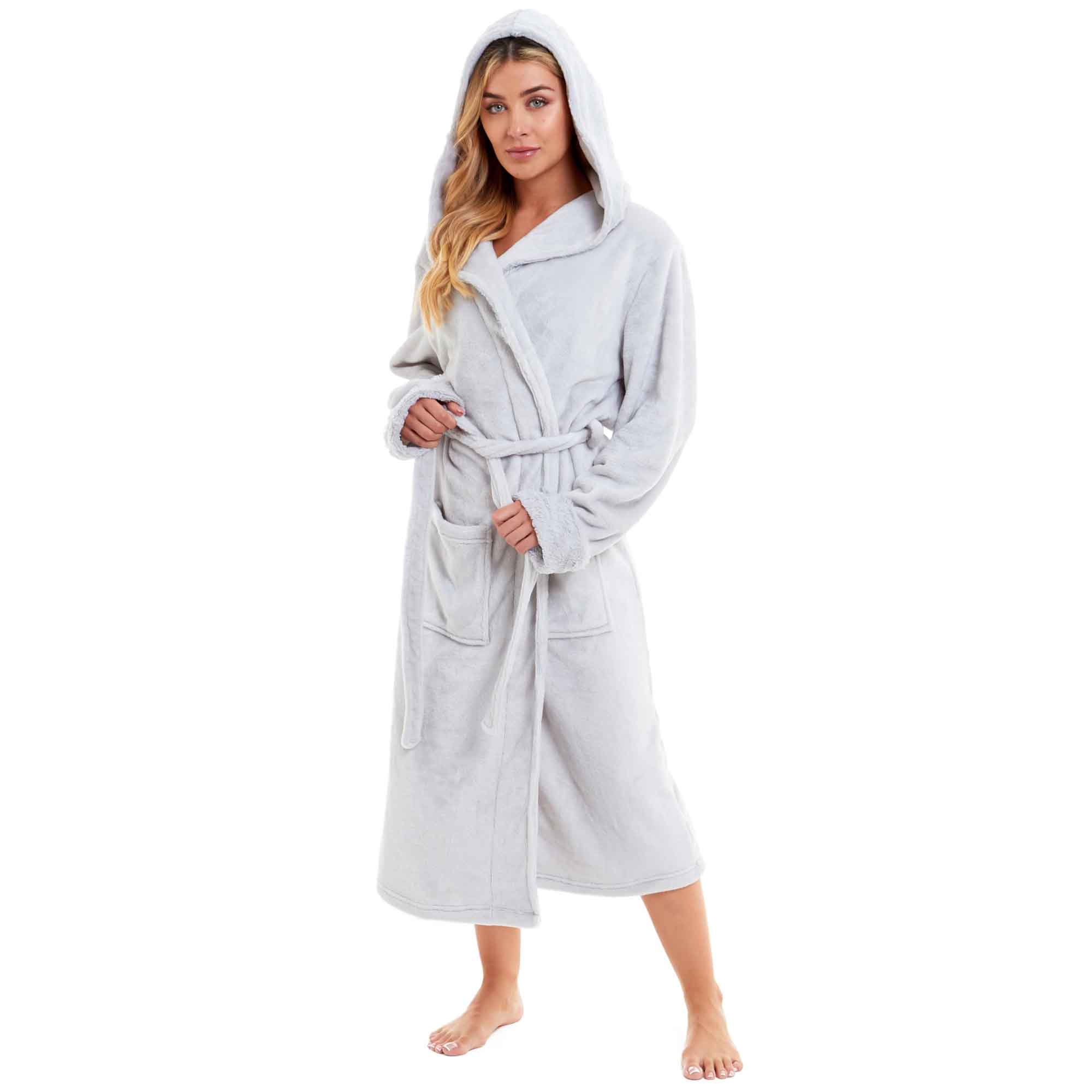 Women's Faux Fur Hooded Robe Plush Fleece Loungewear Bathrobe Pink Grey