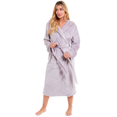 Women's Faux Fur Hooded Robe Plush Fleece Loungewear Bathrobe Pink Grey