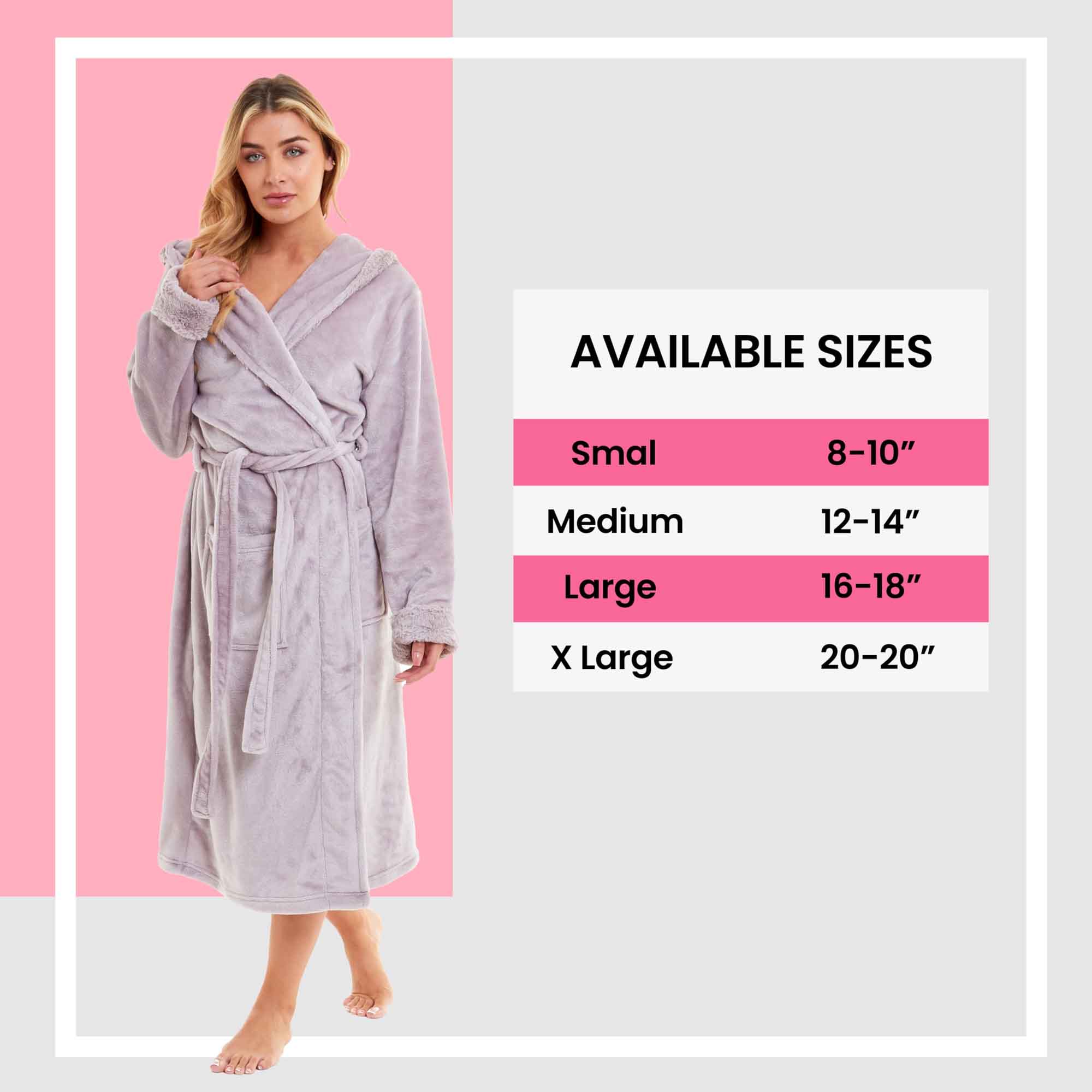 Women's Faux Fur Hooded Robe Plush Fleece Loungewear Bathrobe Pink Grey