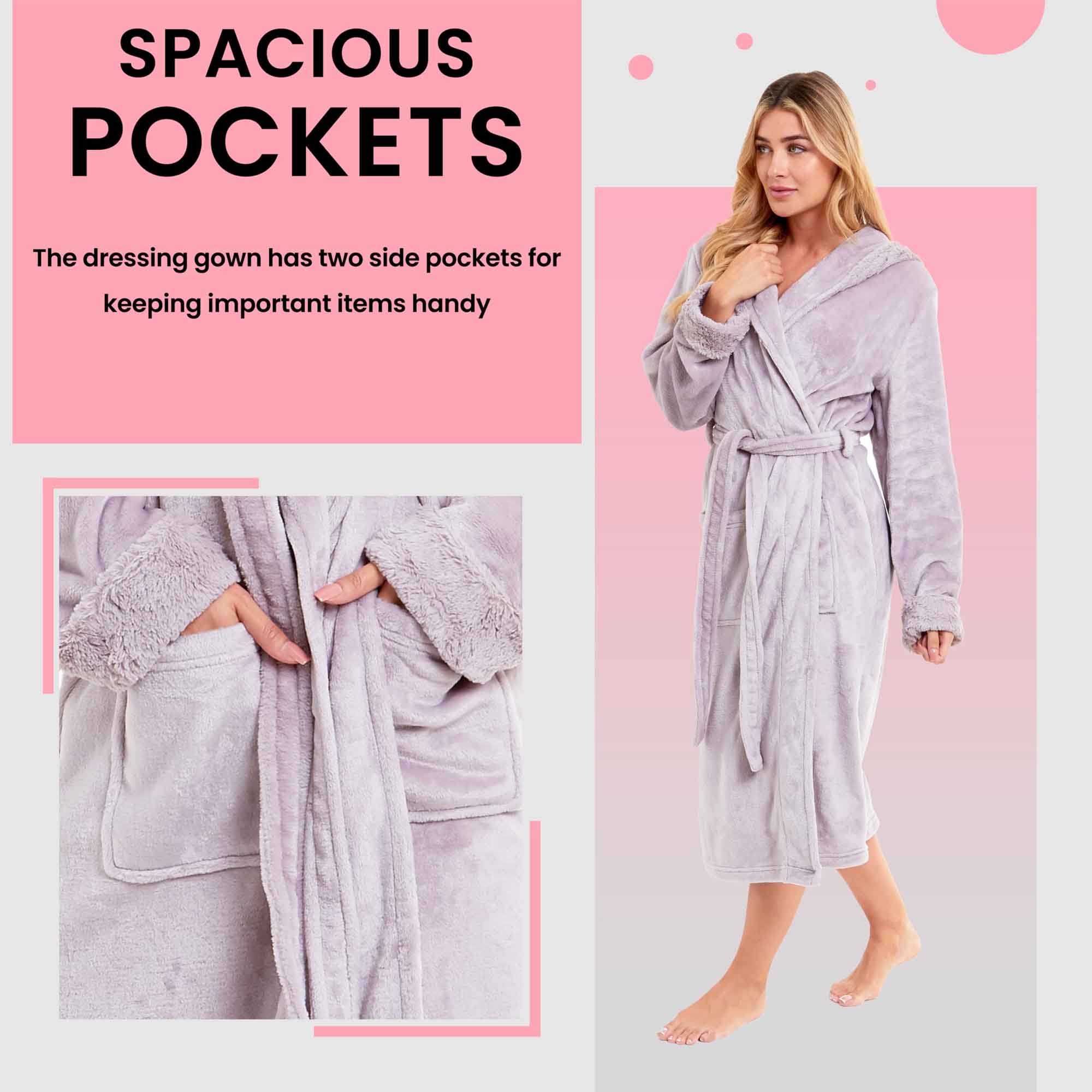 Women's Faux Fur Hooded Robe Plush Fleece Loungewear Bathrobe Pink Grey