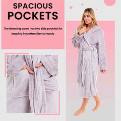 Women's Faux Fur Hooded Robe Plush Fleece Loungewear Bathrobe Pink Grey