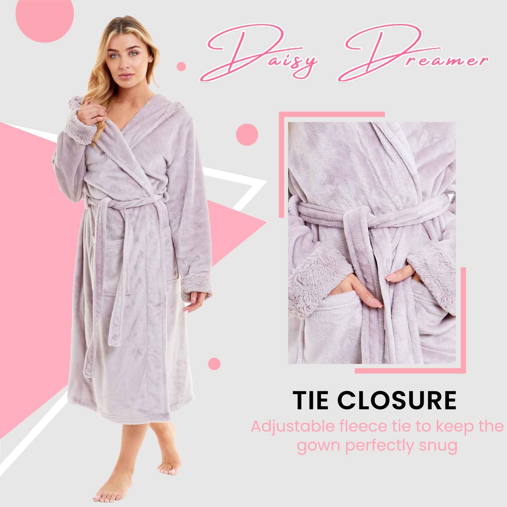 Women's Faux Fur Hooded Robe Plush Fleece Loungewear Bathrobe Pink Grey