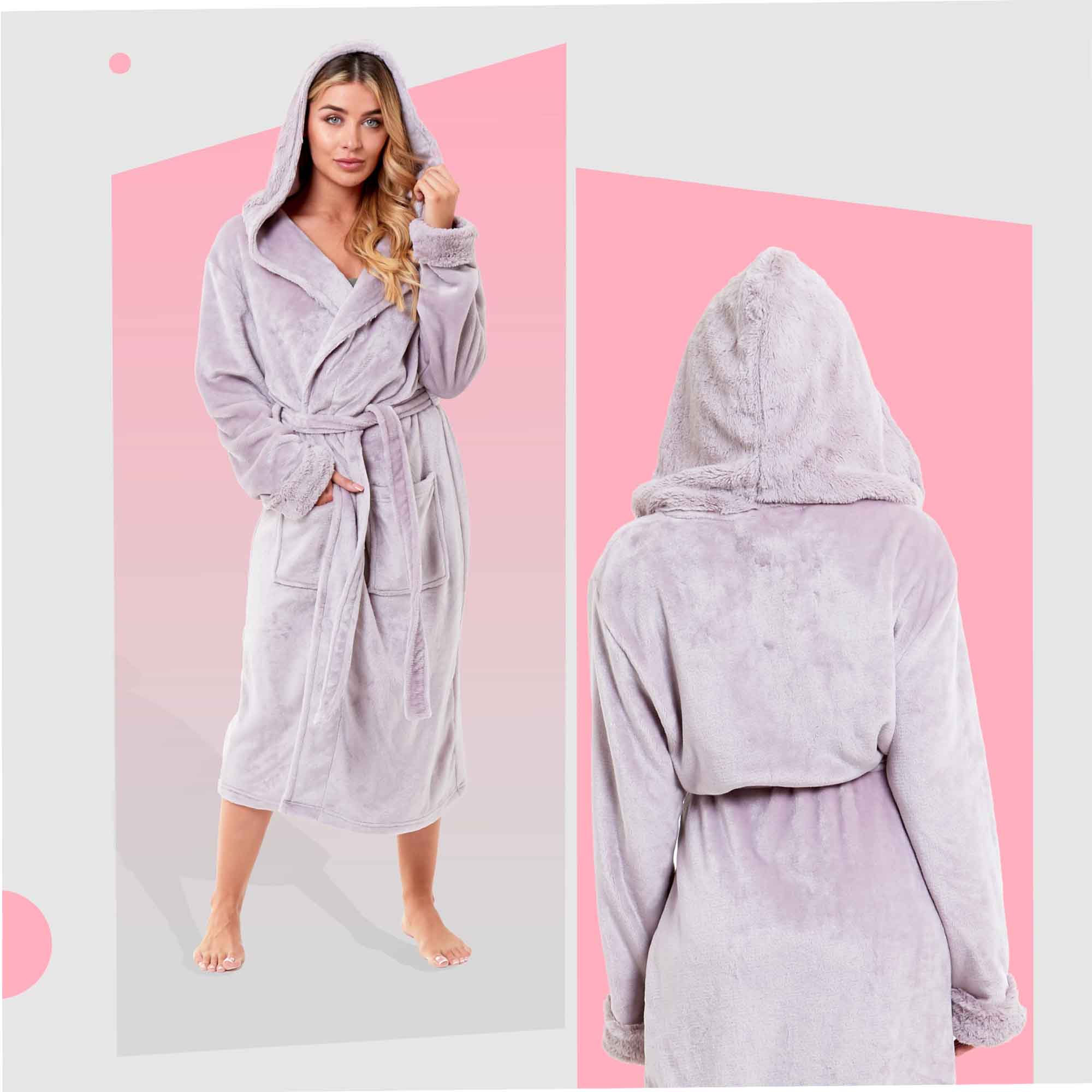 Women's Faux Fur Hooded Robe Plush Fleece Loungewear Bathrobe Pink Grey
