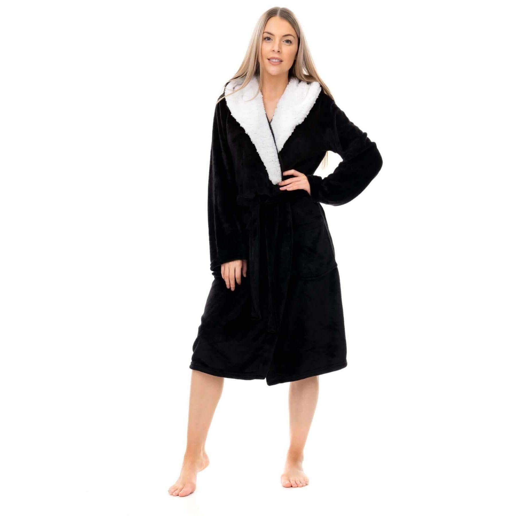 Women's Plush Fleece Hooded Bathrobe Velvet Fluffy Loungewear Long Sleeve