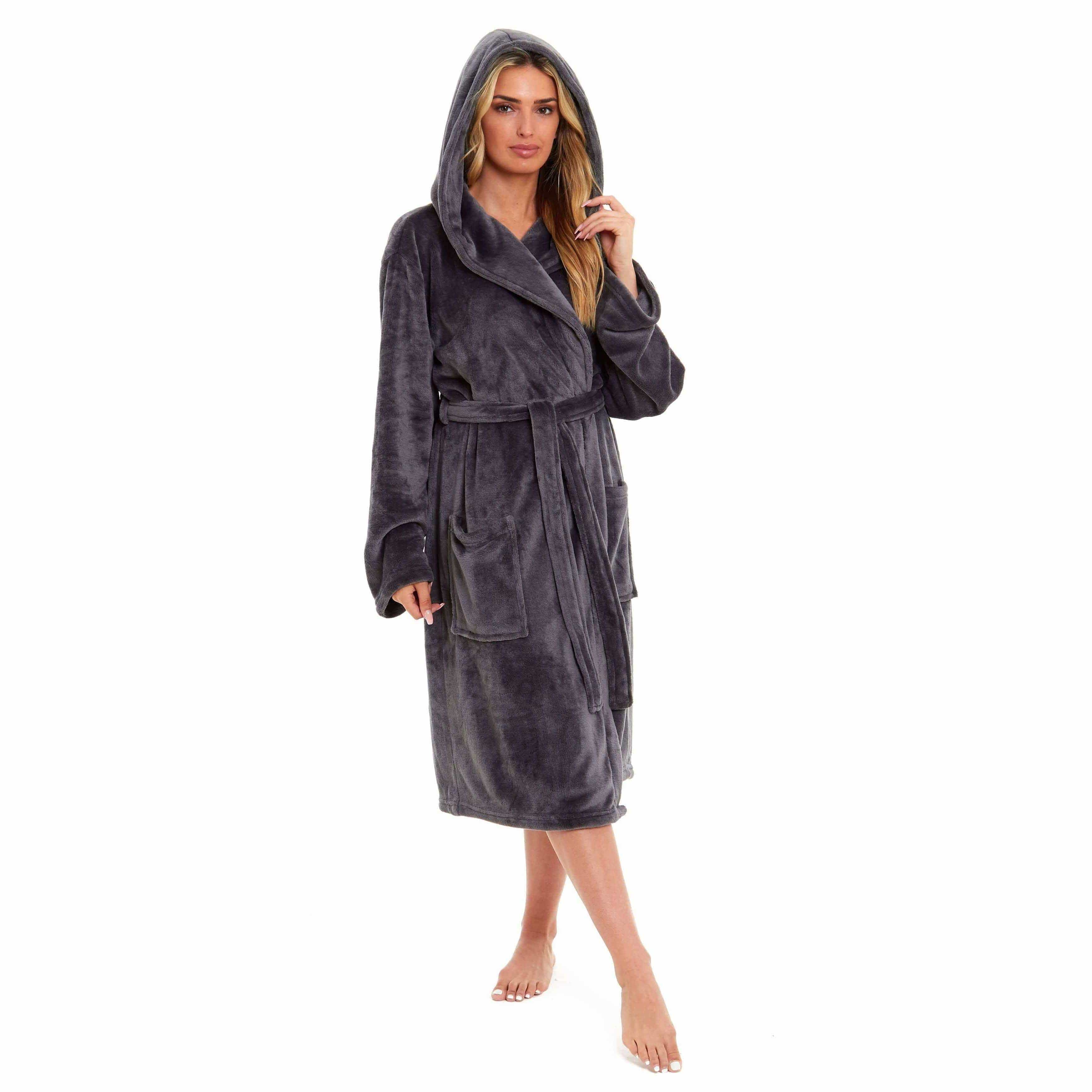 Women's Plush Fleece Hooded Bathrobe Velvet Fluffy Loungewear Long Sleeve