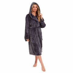 Women's Plush Fleece Hooded Bathrobe Velvet Fluffy Loungewear Long Sleeve