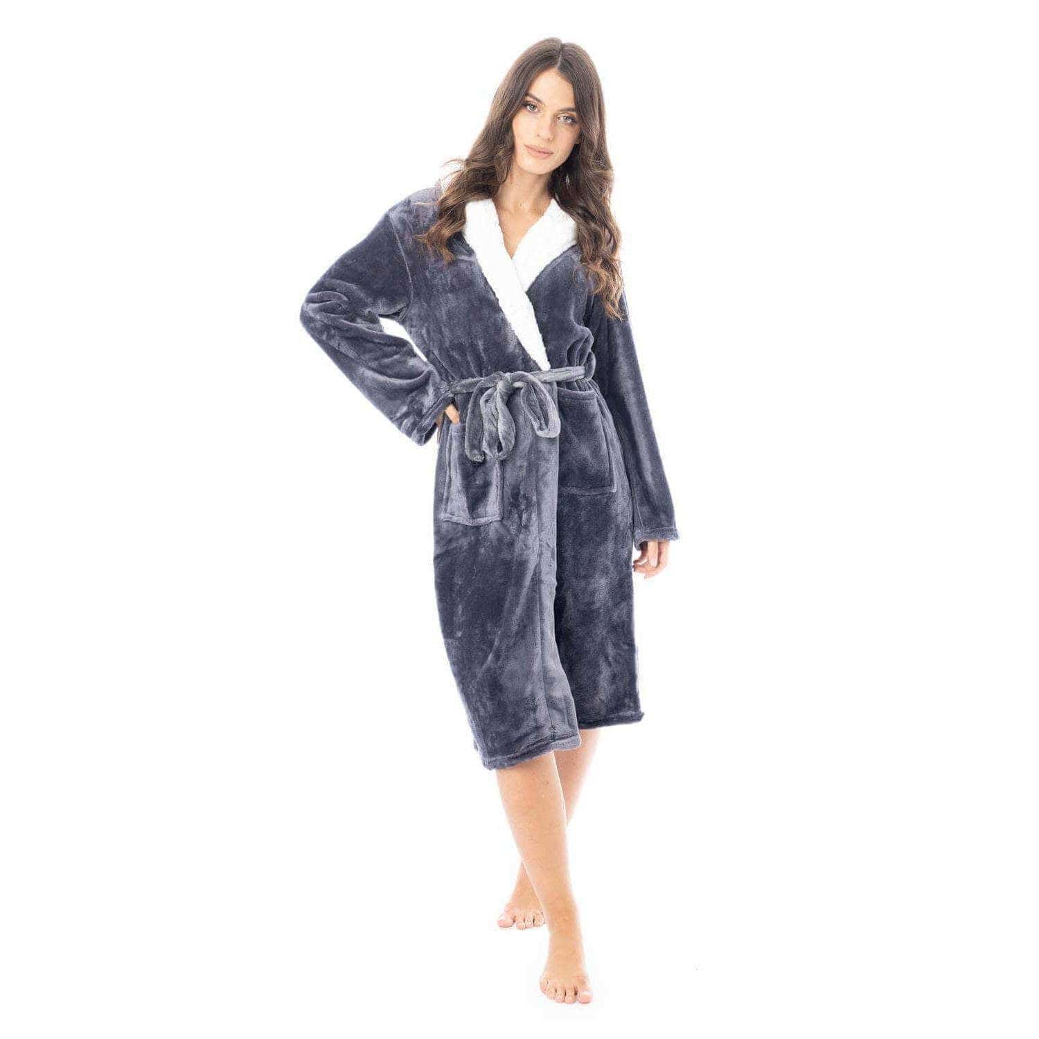 Women's Plush Fleece Hooded Bathrobe Velvet Fluffy Loungewear Long Sleeve