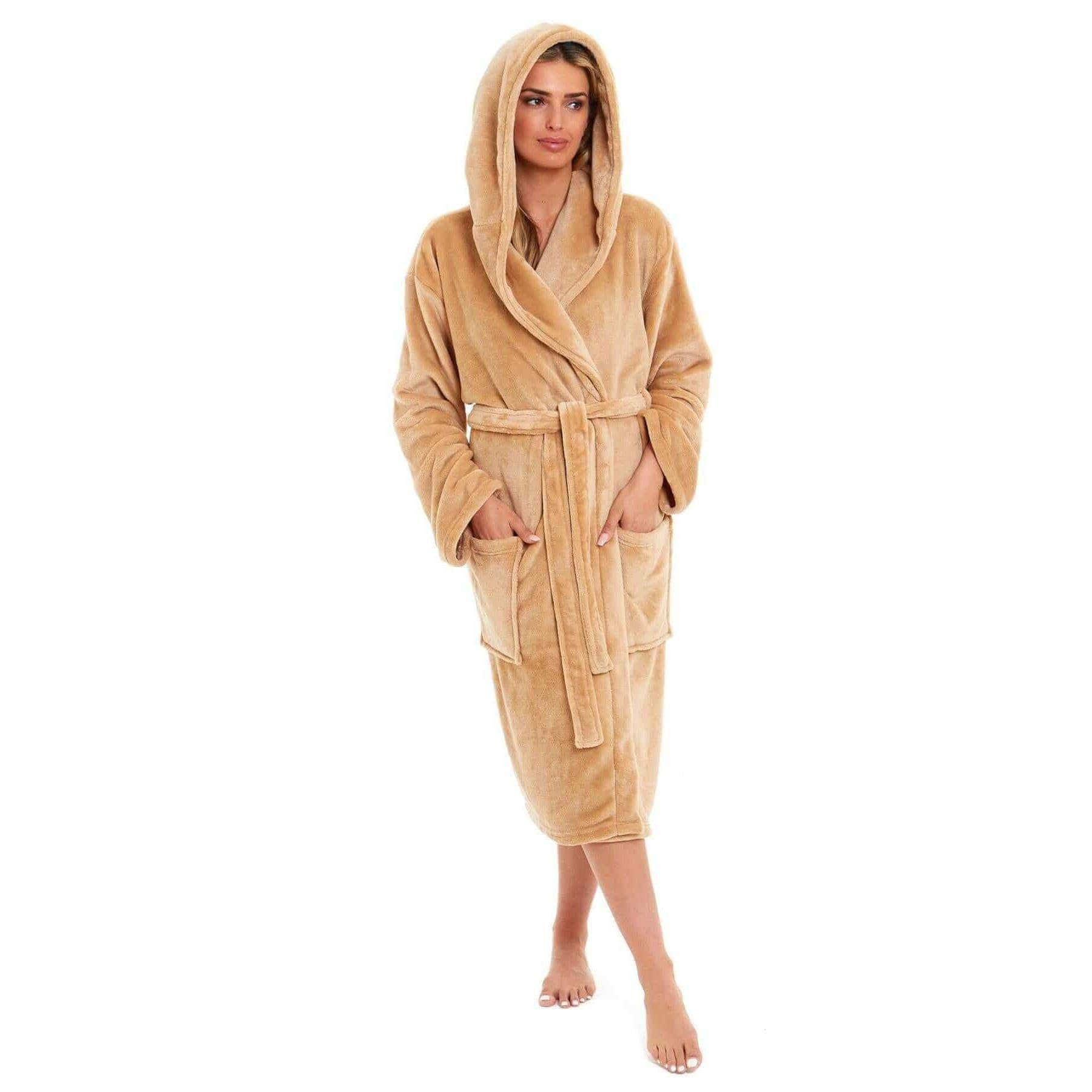 Women's Plush Fleece Hooded Bathrobe Velvet Fluffy Loungewear Long Sleeve