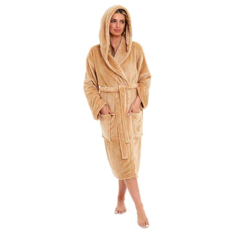 Women's Plush Fleece Hooded Bathrobe Velvet Fluffy Loungewear Long Sleeve