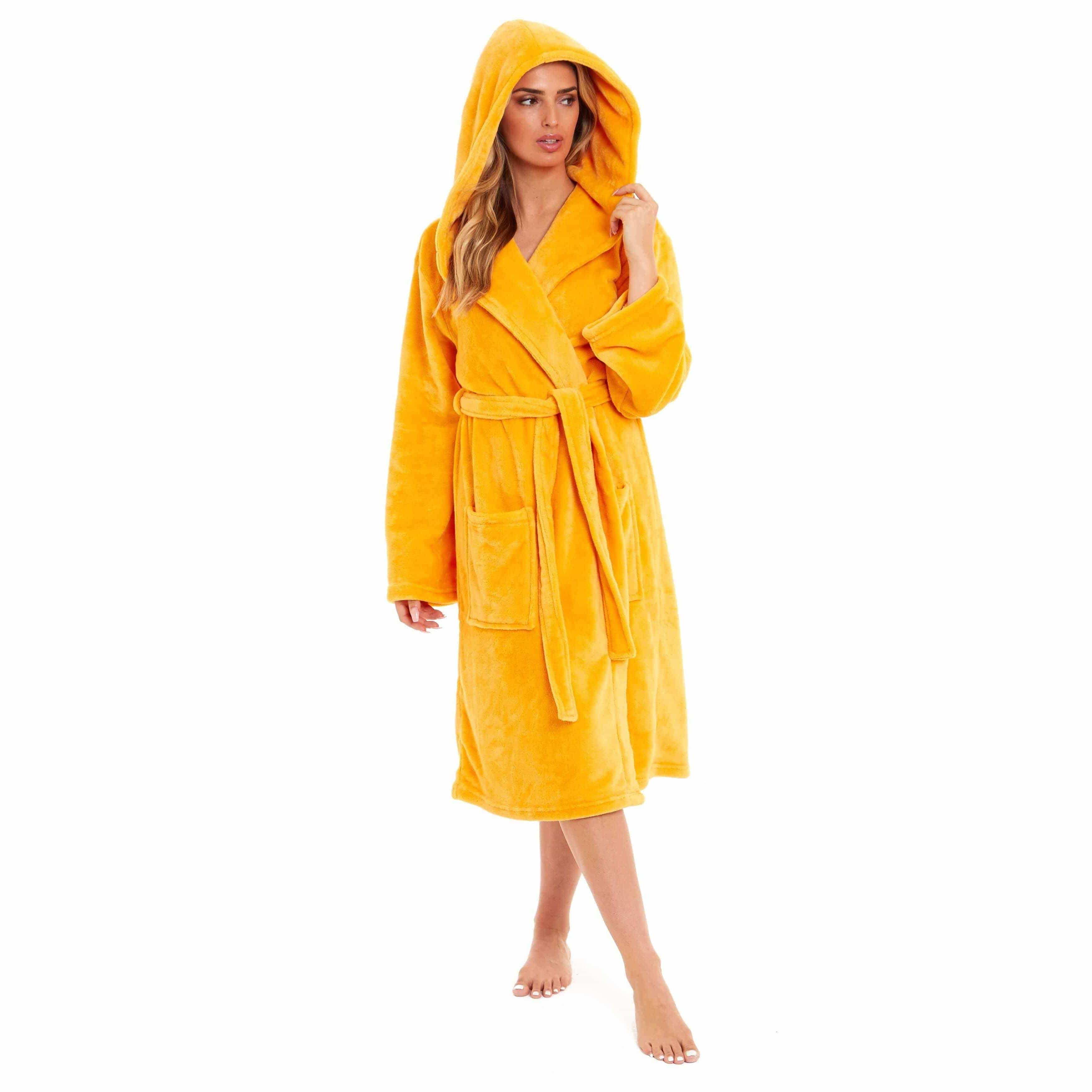 Women's Plush Fleece Hooded Bathrobe Velvet Fluffy Loungewear Long Sleeve