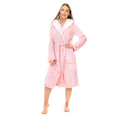 Women's Plush Fleece Hooded Bathrobe Velvet Fluffy Loungewear Long Sleeve