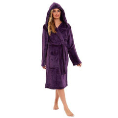 Women's Plush Fleece Hooded Bathrobe Velvet Fluffy Loungewear Long Sleeve