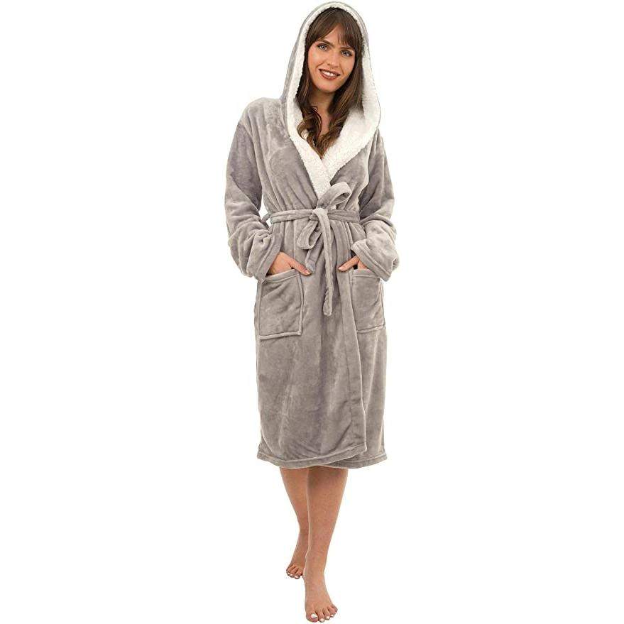 Women's Plush Fleece Hooded Bathrobe Velvet Fluffy Loungewear Long Sleeve