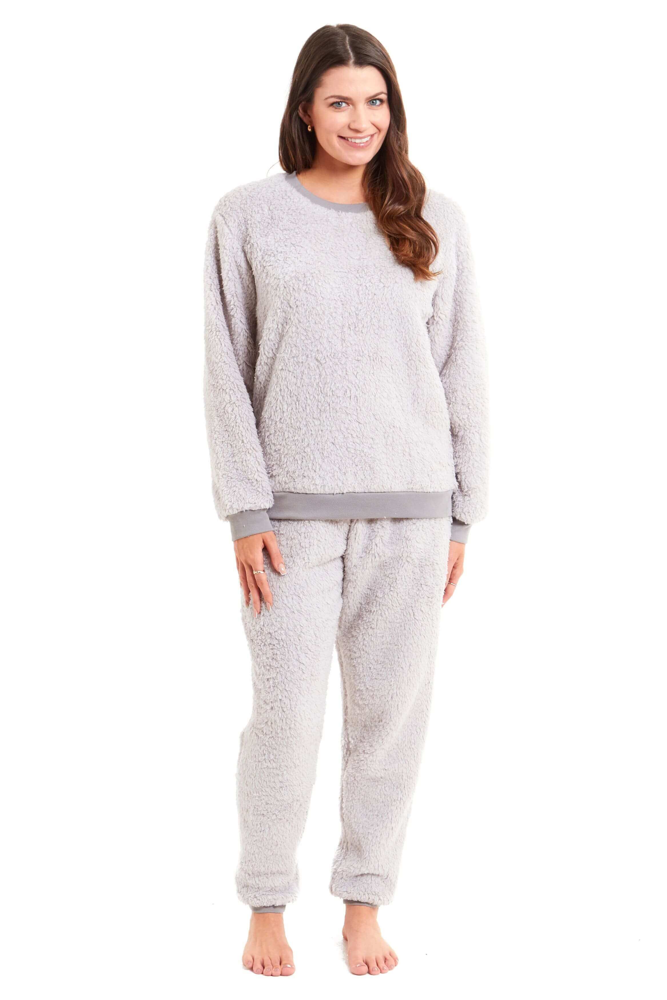 Women's Teddy Fleece Lounge Set Fluffy Cosy Crew Neck Pyjama Stretchable