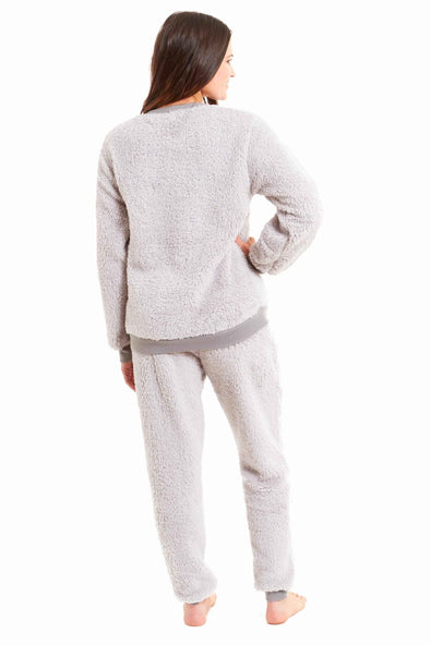 Women's Teddy Fleece Lounge Set Fluffy Cosy Crew Neck Pyjama Stretchable