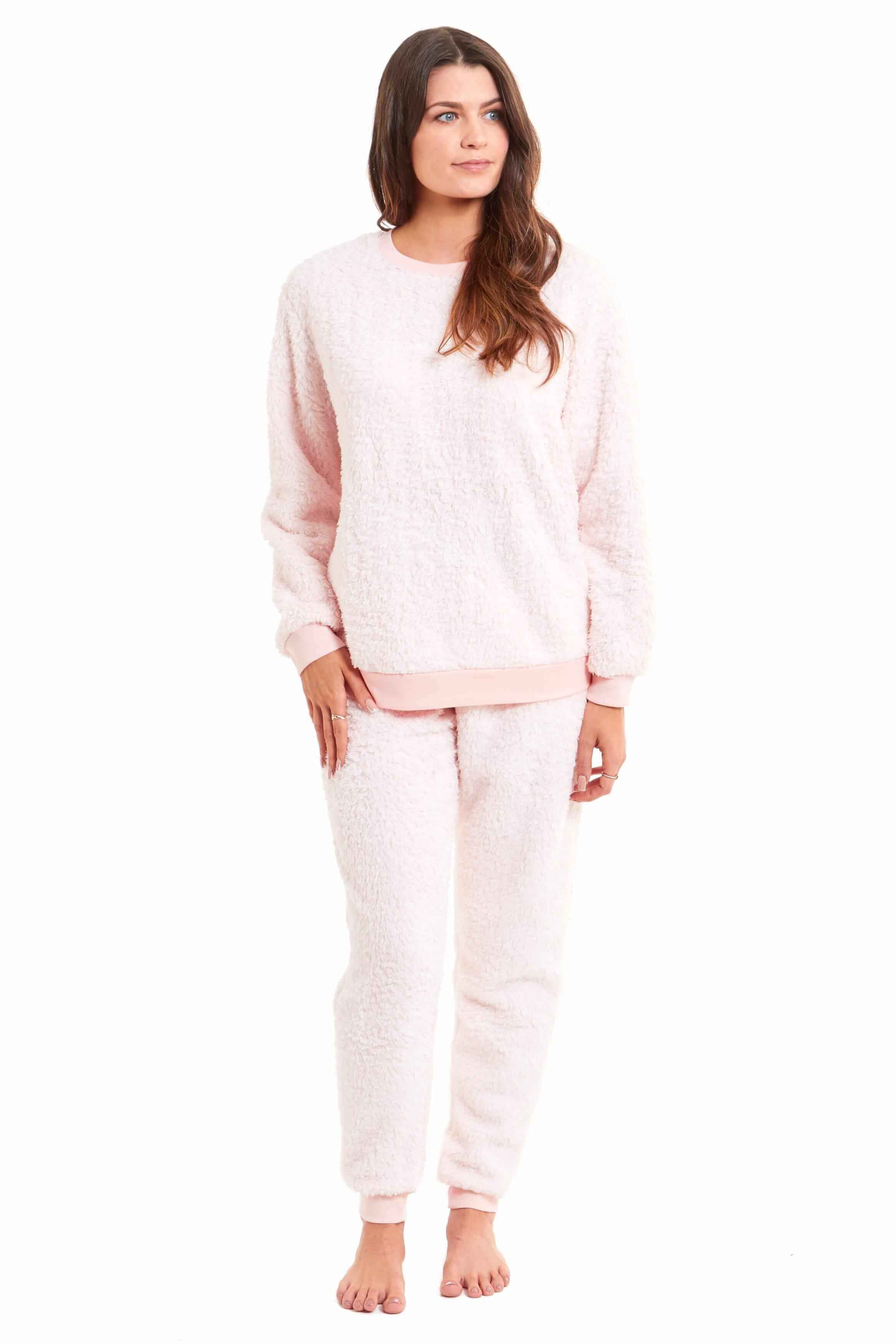 Women's Teddy Fleece Lounge Set Fluffy Cosy Crew Neck Pyjama Stretchable