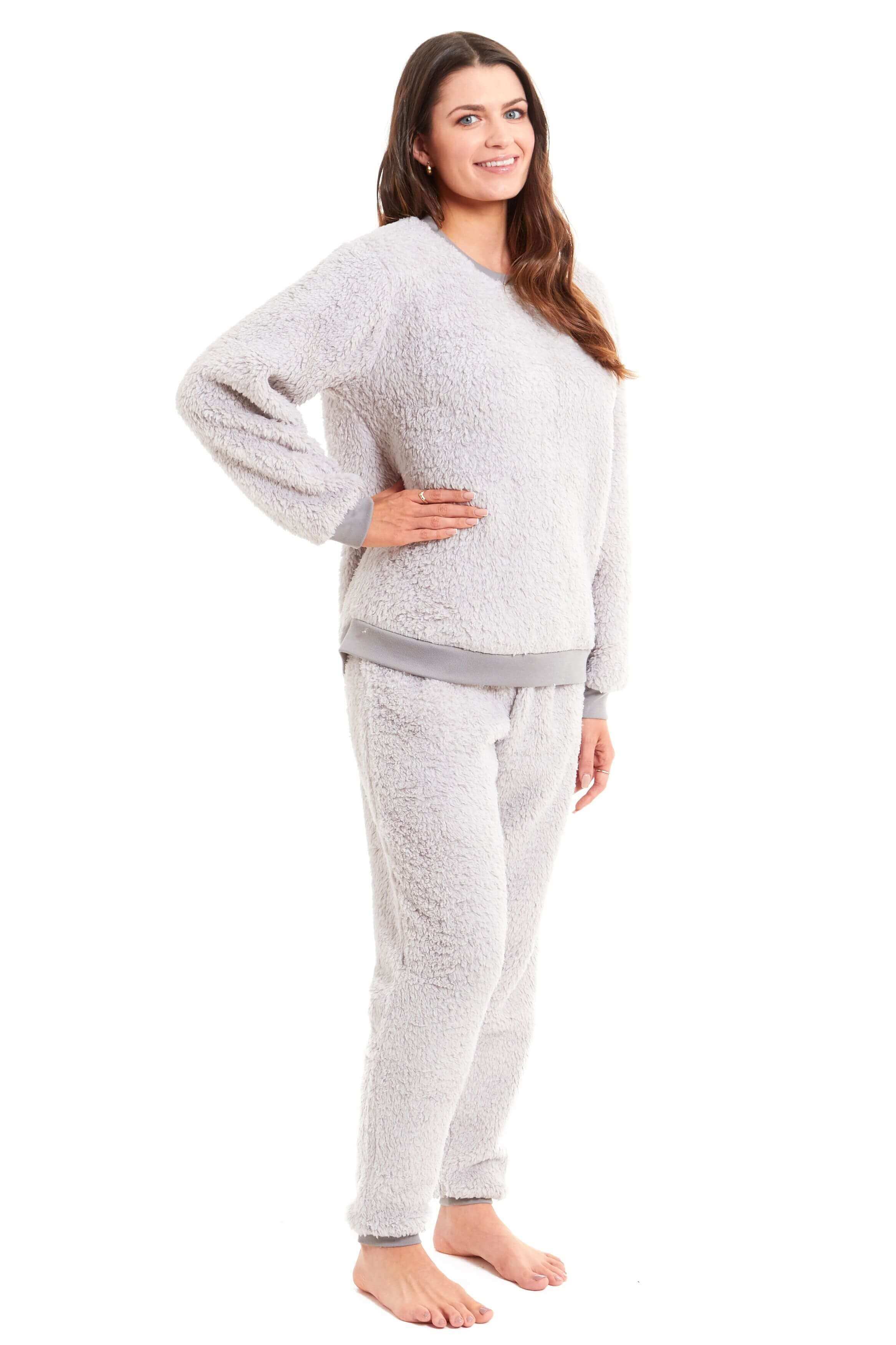Women's Teddy Fleece Lounge Set Fluffy Cosy Crew Neck Pyjama Stretchable