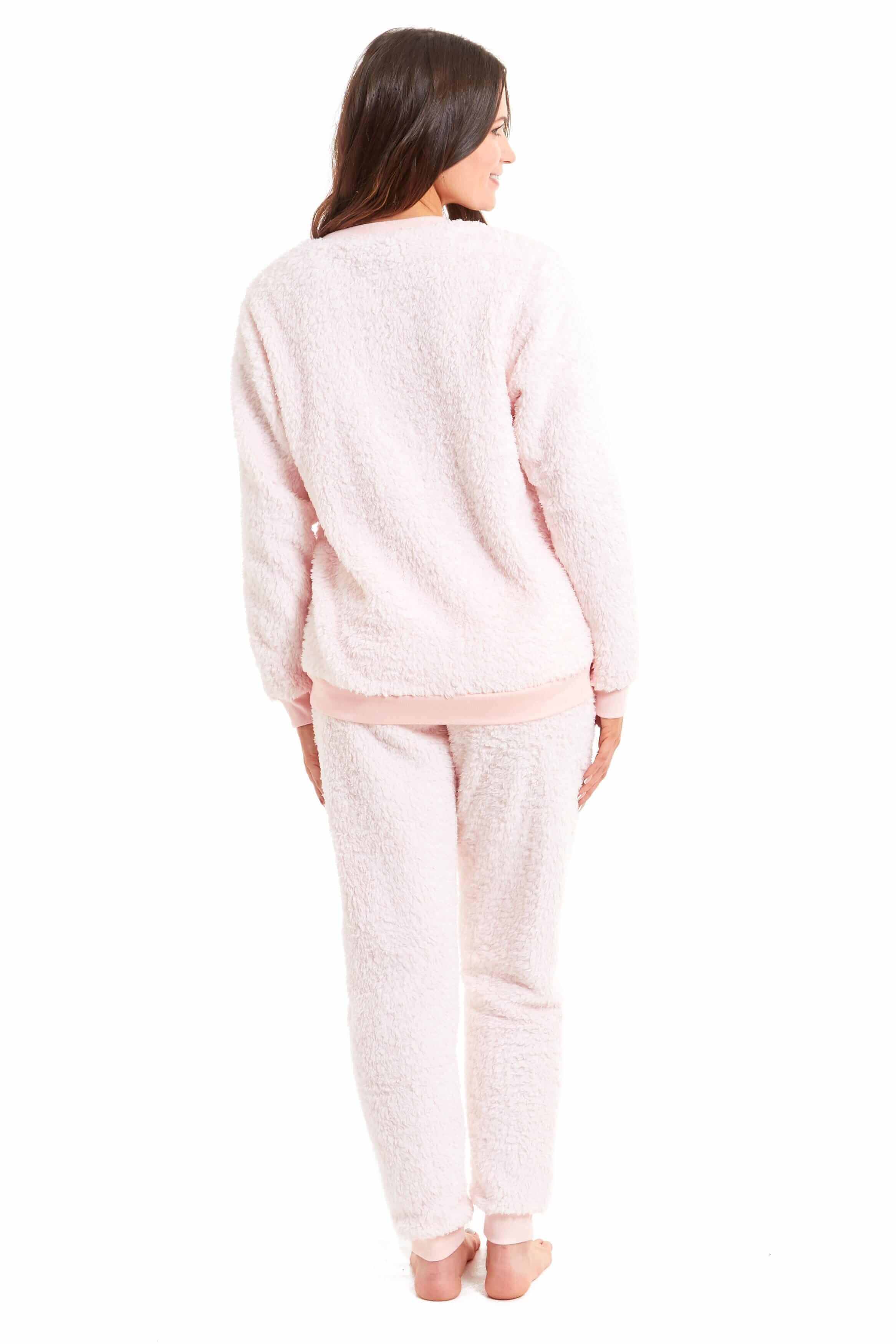 Women's Teddy Fleece Lounge Set Fluffy Cosy Crew Neck Pyjama Stretchable