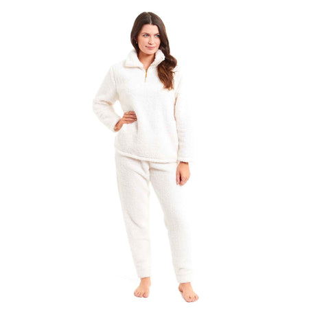 Women's Teddy Fleece Loungewear Set Zip Front Top And Elasticated Waistband