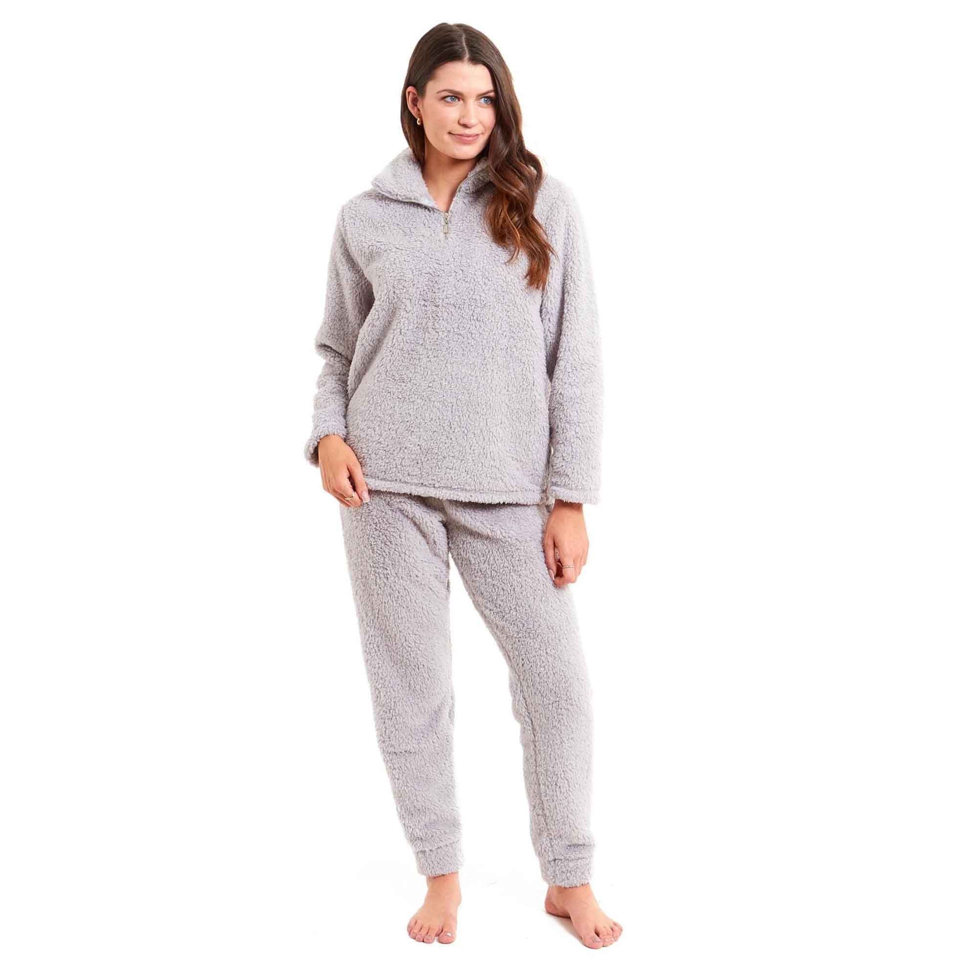 Women's Teddy Fleece Loungewear Set Zip Front Top And Elasticated Waistband
