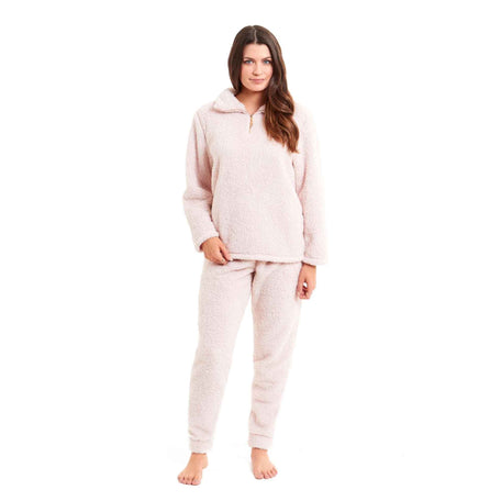 Women's Teddy Fleece Loungewear Set Zip Front Top And Elasticated Waistband