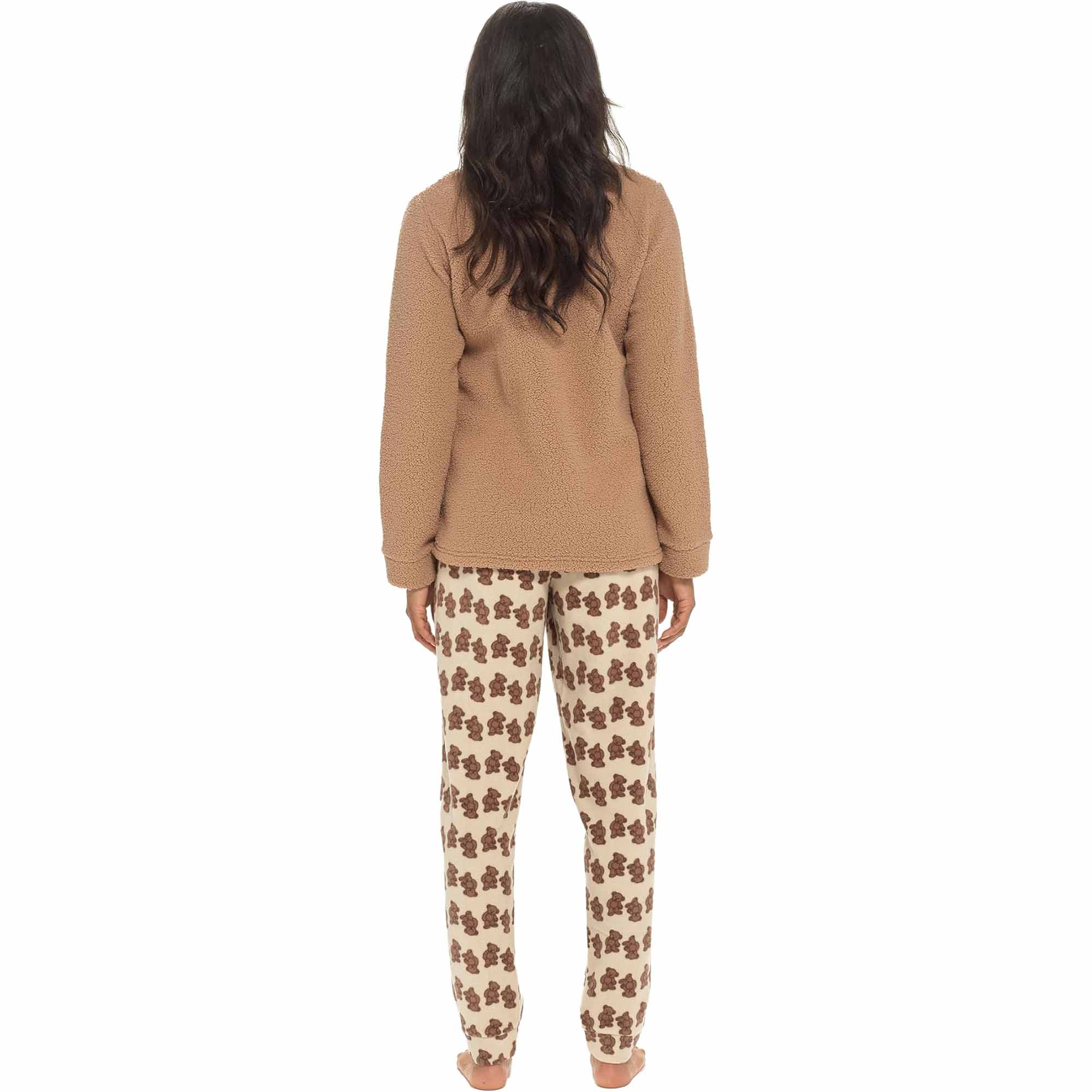 Women's Teddy Bear Fleece Pyjama Set Long Sleeve Top Patterned Elastic