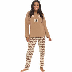 Women's Teddy Bear Fleece Pyjama Set Long Sleeve Top Patterned Elastic