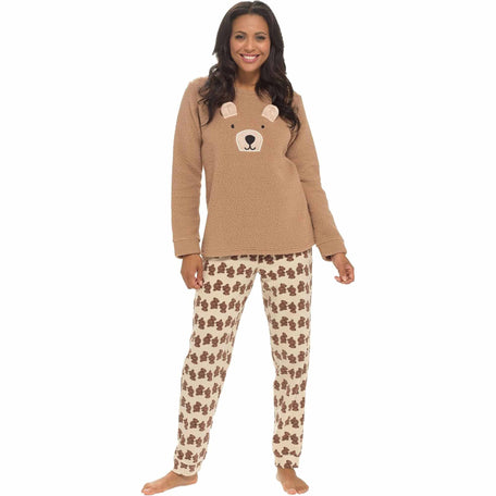 Women's Teddy Bear Fleece Pyjama Set Long Sleeve Top Patterned Elastic
