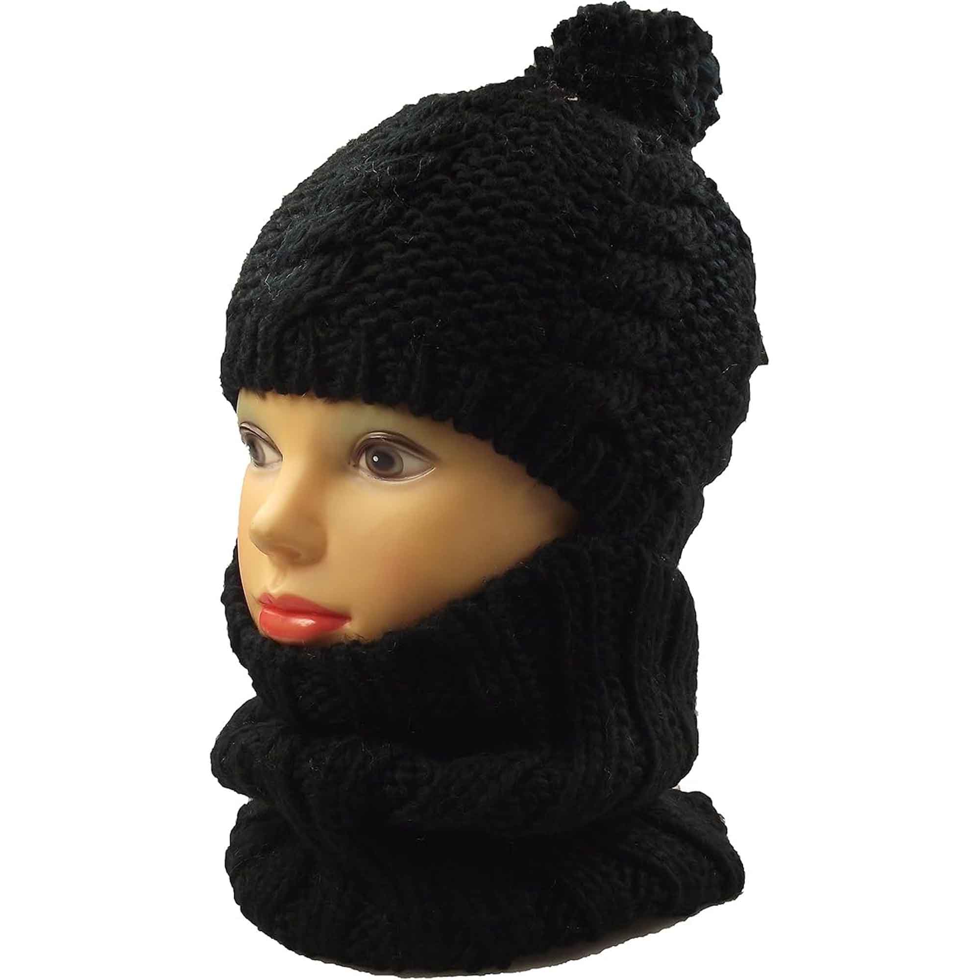 Women's Thermal Beanie Hat 2-In-1 Snood Scarf Cable Knit Pom Pom Winter