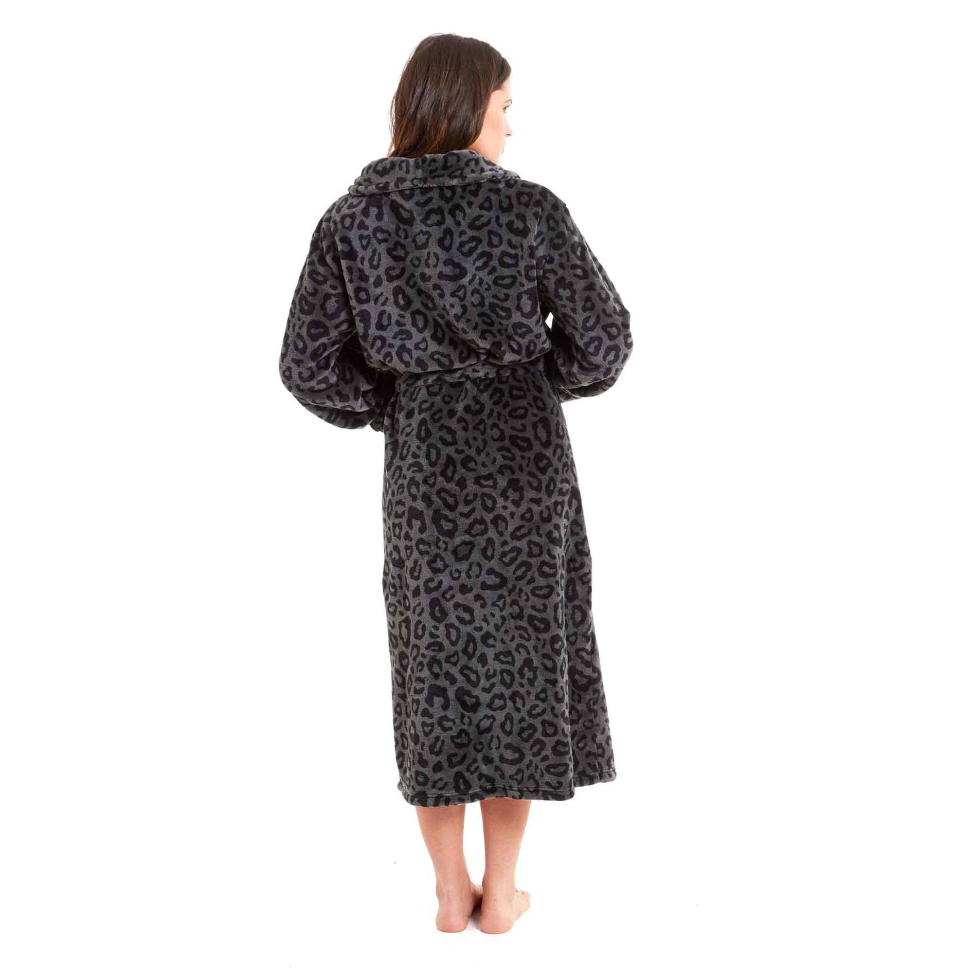 Women's Leopard Print Plush Fleece Bath Robe Dressing Gown Ultra Soft