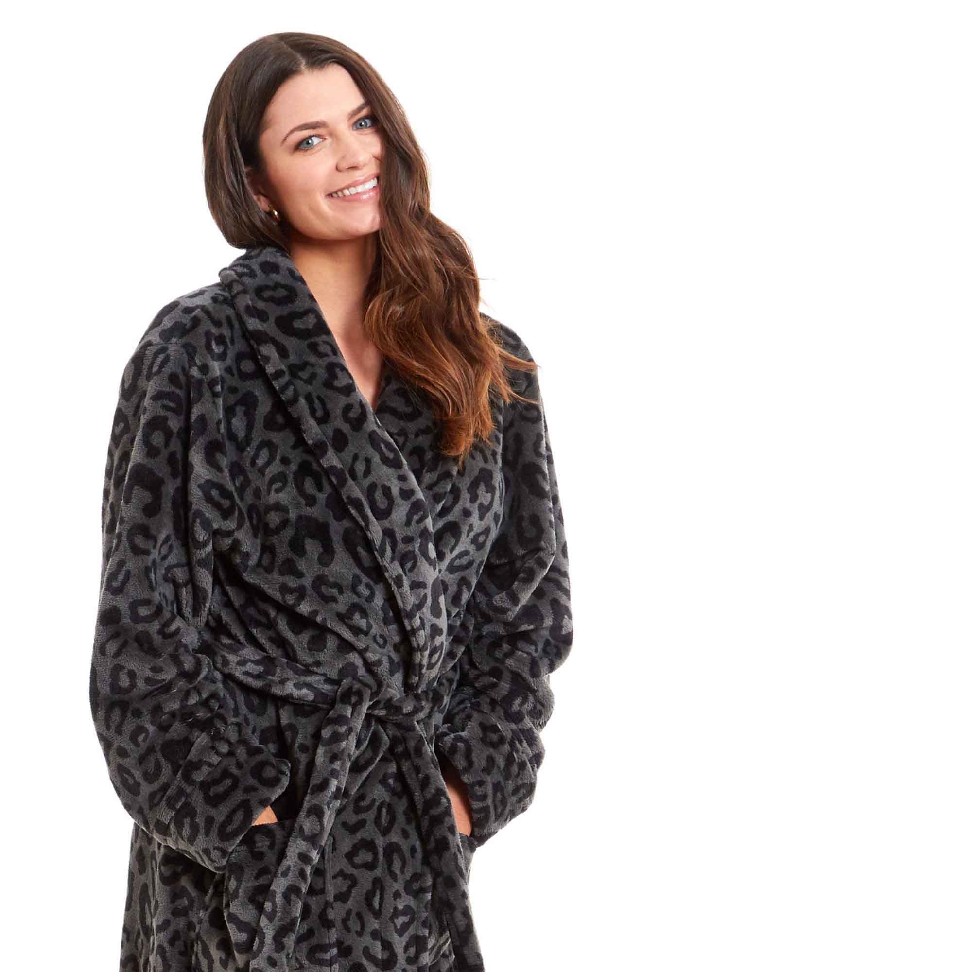 Women's Leopard Print Plush Fleece Bath Robe Dressing Gown Ultra Soft