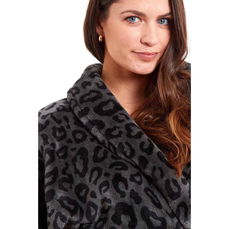Women's Leopard Print Plush Fleece Bath Robe Dressing Gown Ultra Soft