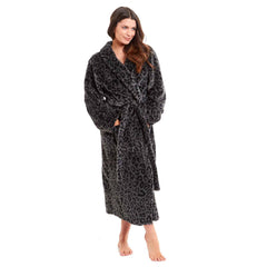 Women's Leopard Print Plush Fleece Bath Robe Dressing Gown Ultra Soft
