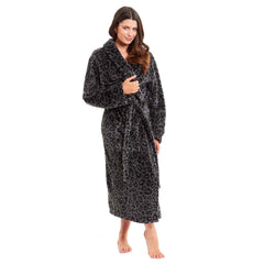 Women's Leopard Print Plush Fleece Bath Robe Dressing Gown Ultra Soft