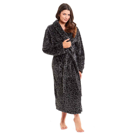 Women's Leopard Print Plush Fleece Bath Robe Dressing Gown Ultra Soft