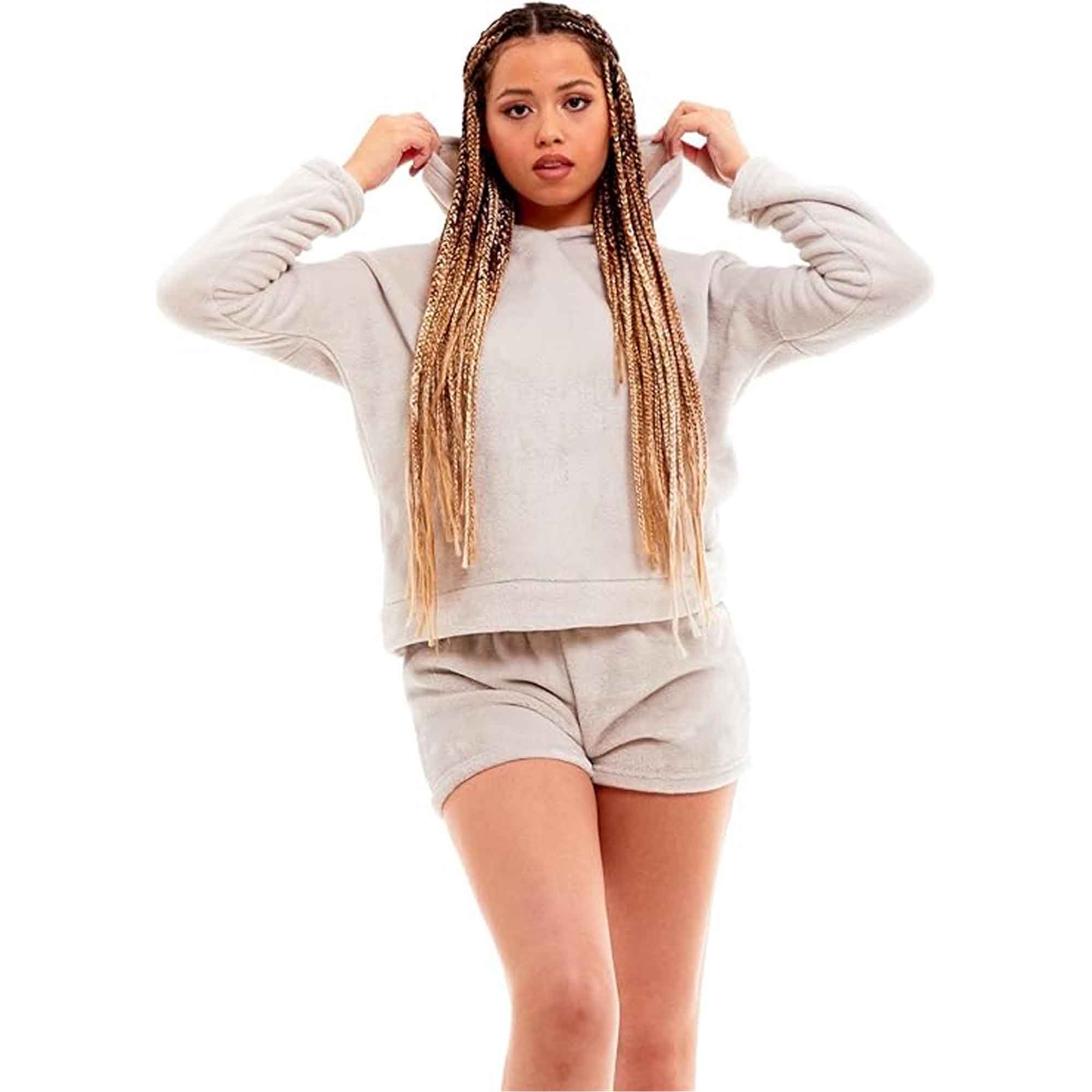 Women's Hooded Fleece Pyjama Set With Shorts Ultra Soft Fluffy Loungewear