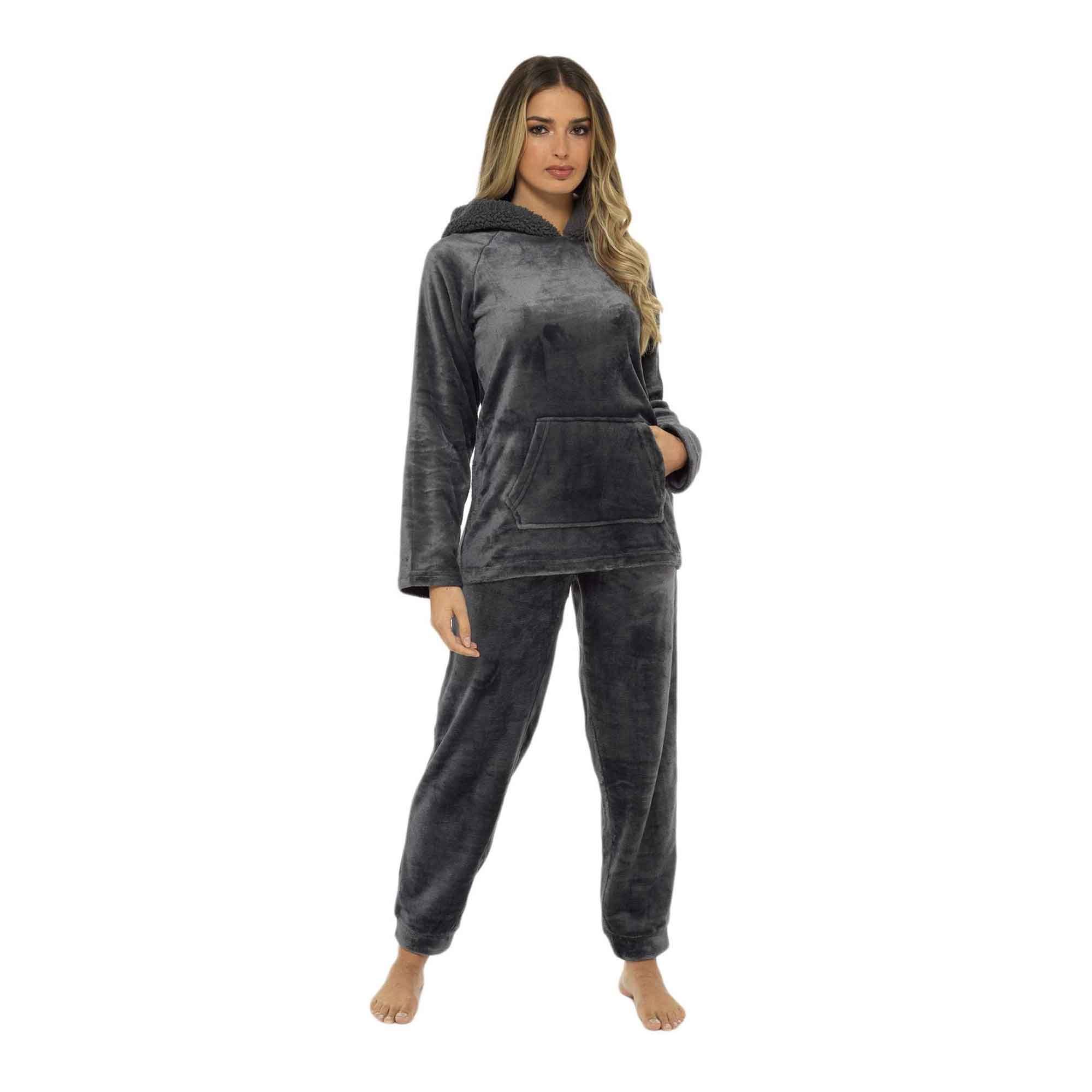 Women's Plush Fleece Hooded Pyjama Set Ultra Soft Winter Nightwear
