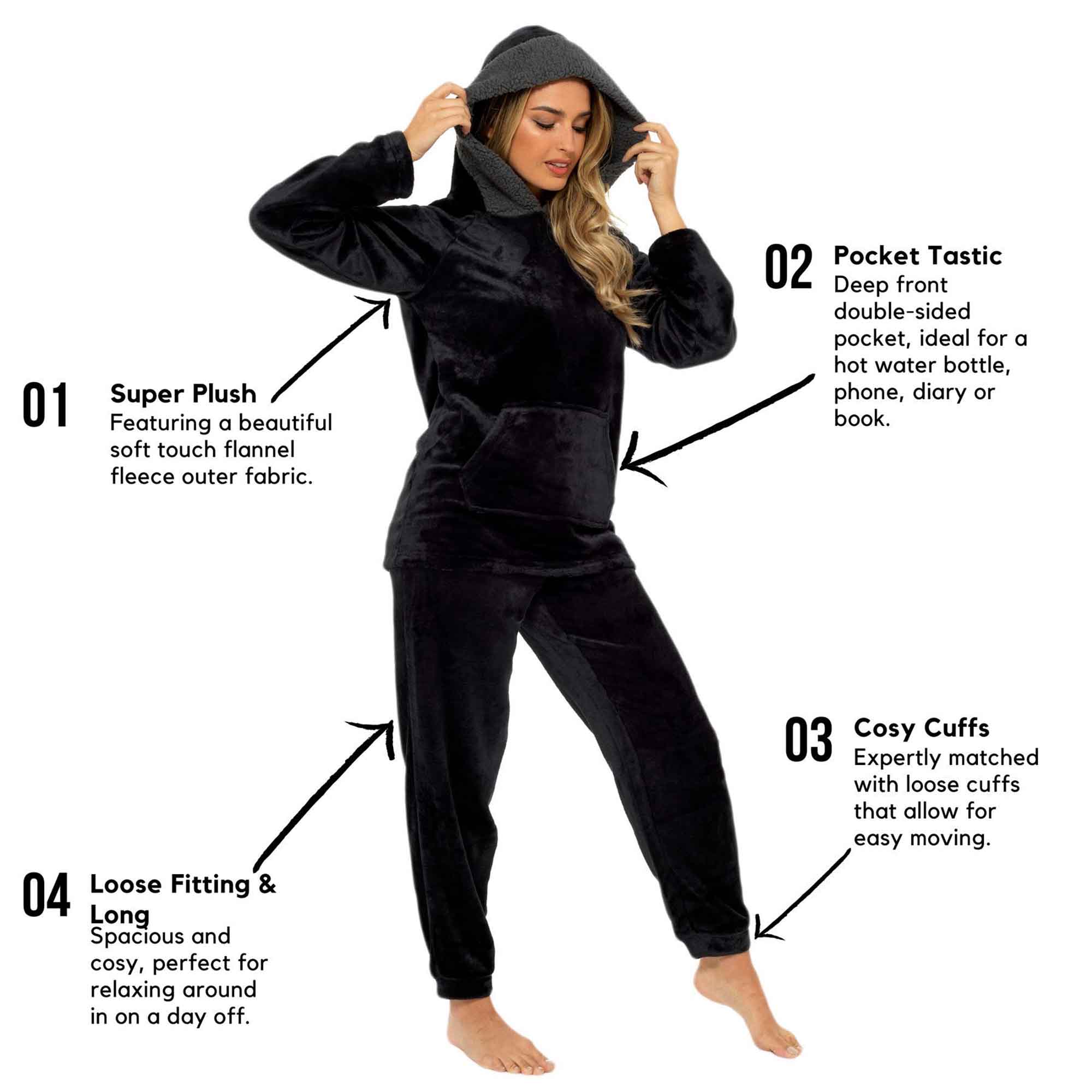Women's Plush Fleece Hooded Pyjama Set Ultra Soft Winter Nightwear