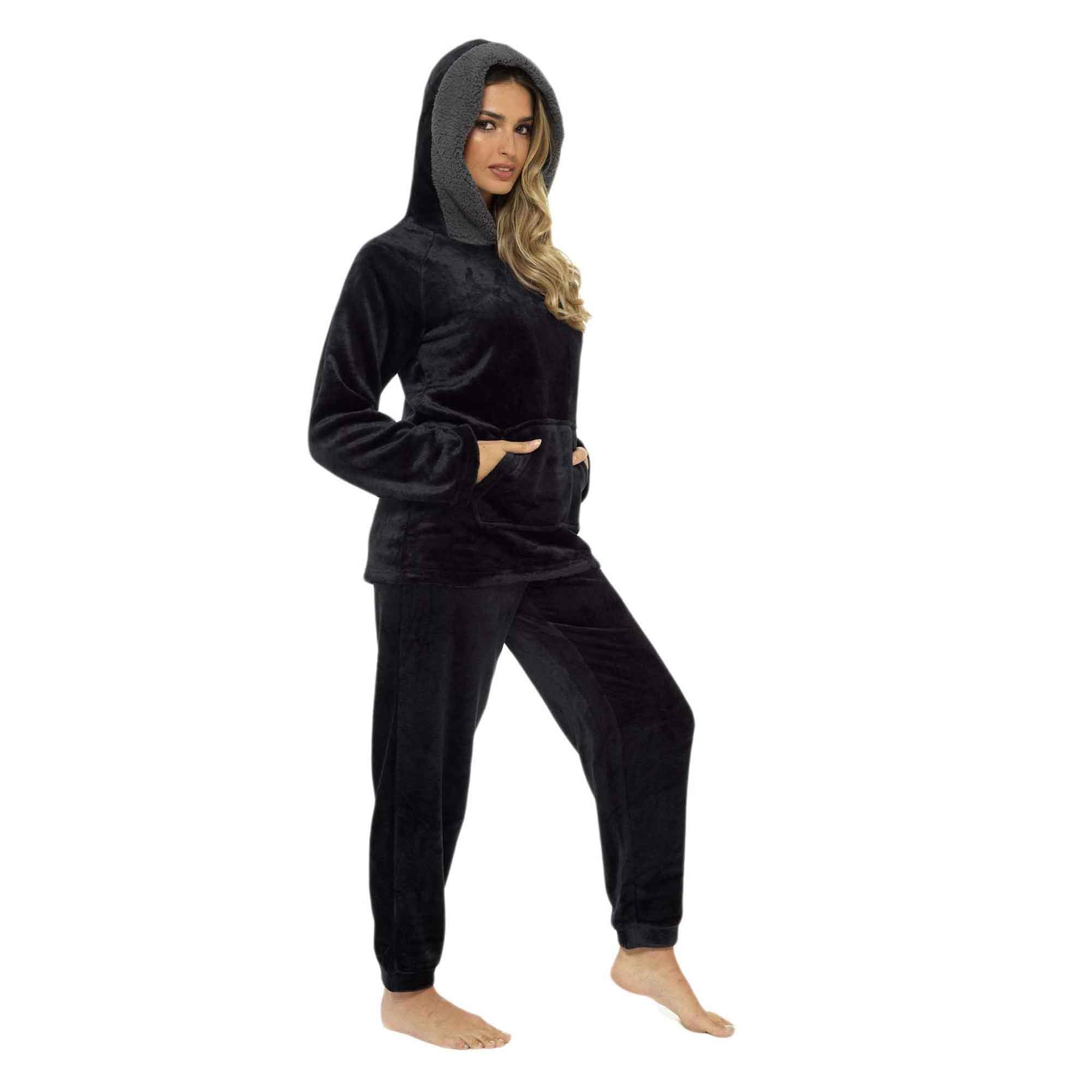 Women's Plush Fleece Hooded Pyjama Set Ultra Soft Winter Nightwear