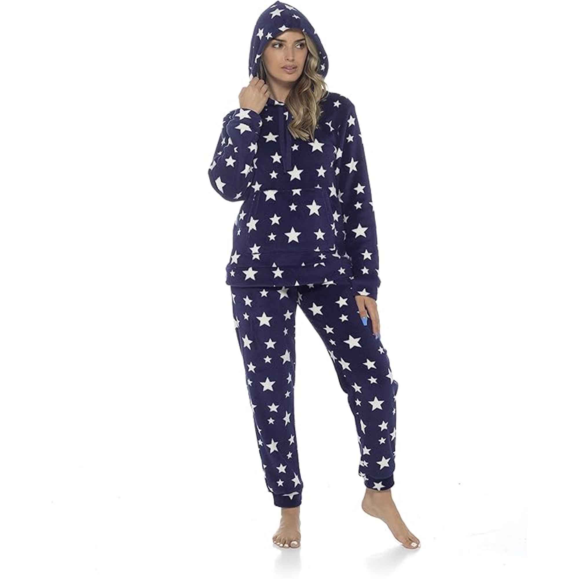 Women's Plush Fleece Hooded Pyjama Set With Star Design Ultra-Soft