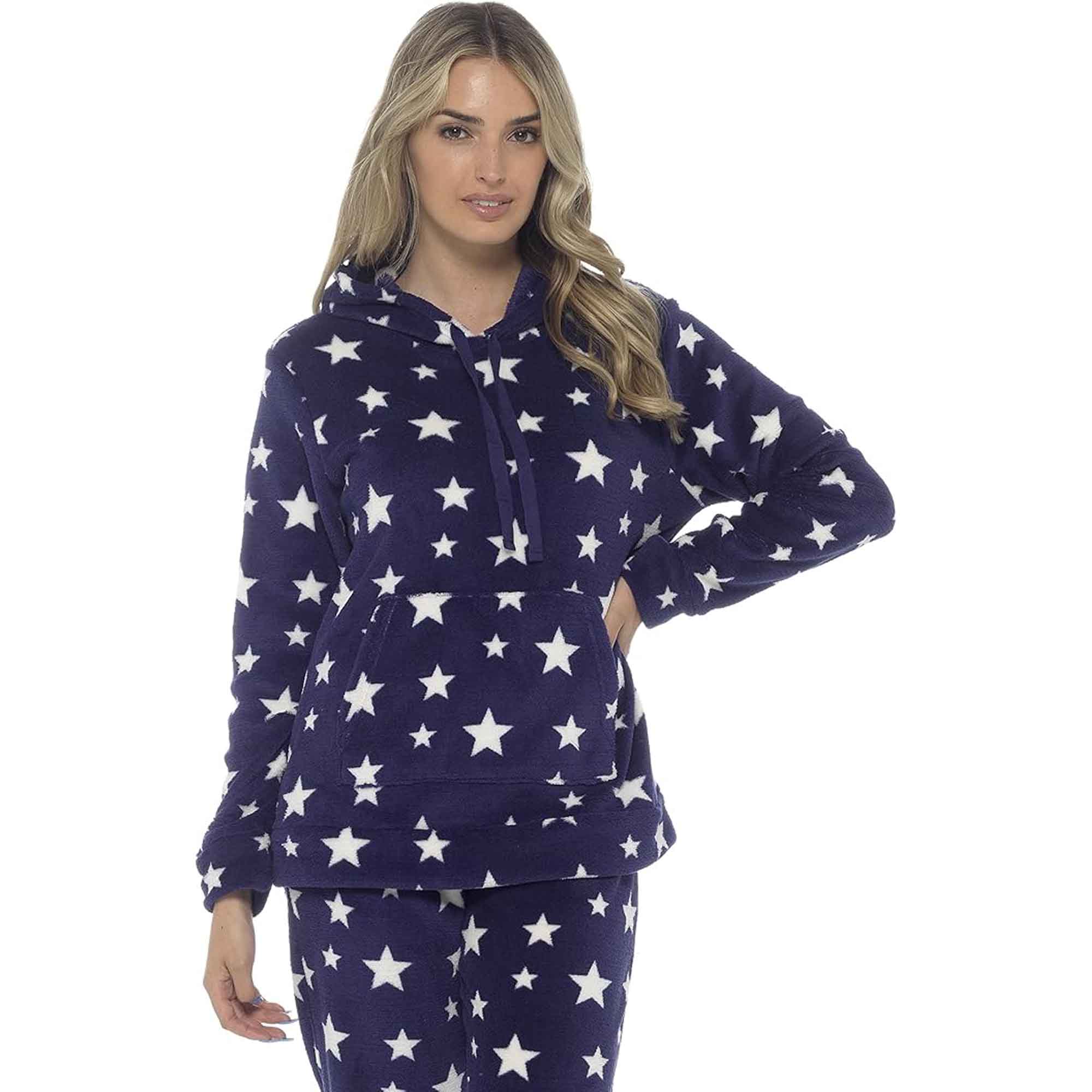 Women's Plush Fleece Hooded Pyjama Set With Star Design Ultra-Soft