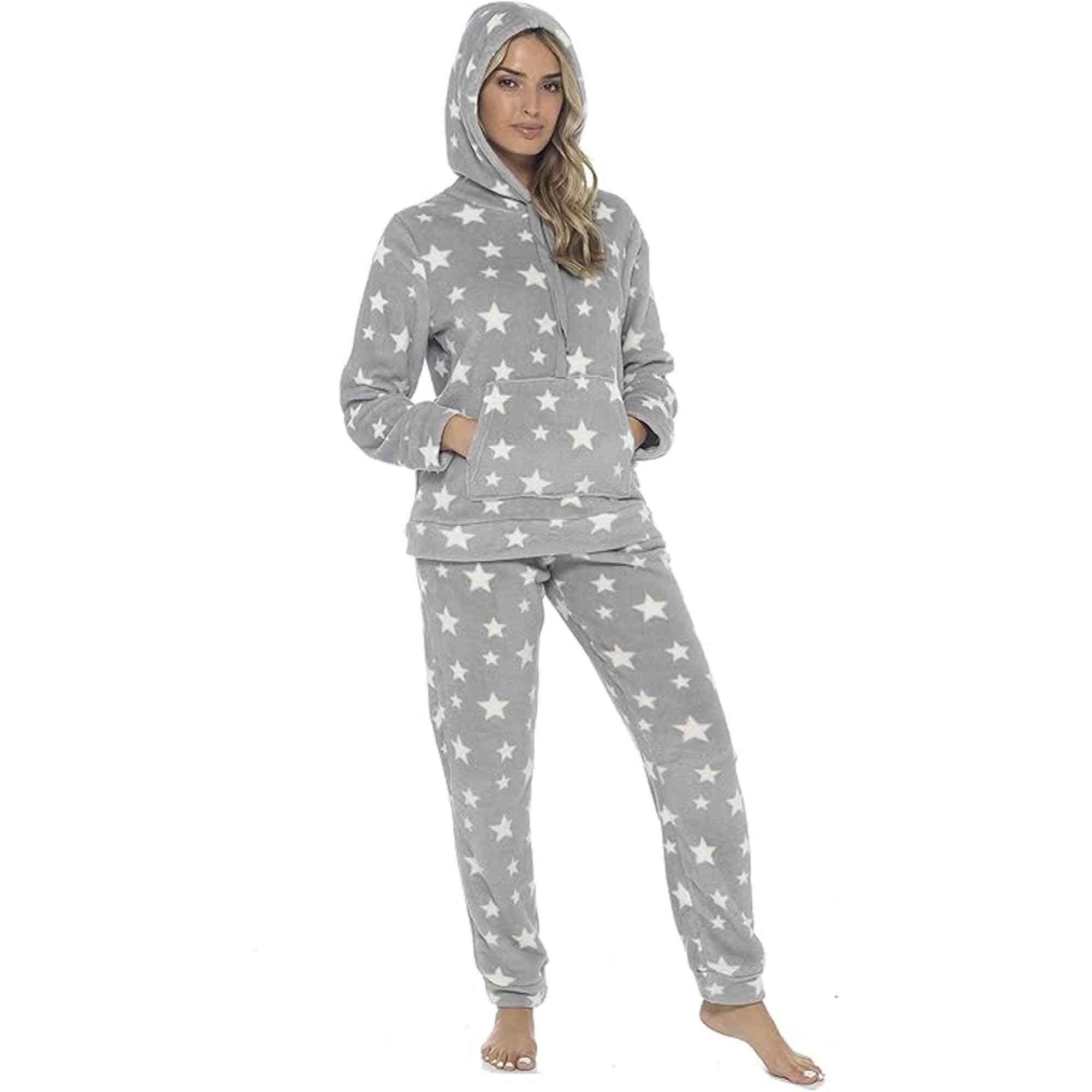 Women's Plush Fleece Hooded Pyjama Set With Star Design Ultra-Soft