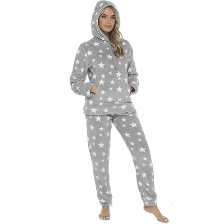 Women's Plush Fleece Hooded Pyjama Set With Star Design Ultra-Soft