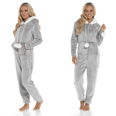 Women's Shimmer Fleece Hooded Onesie Pyjama With Zip Pockets And Pompoms