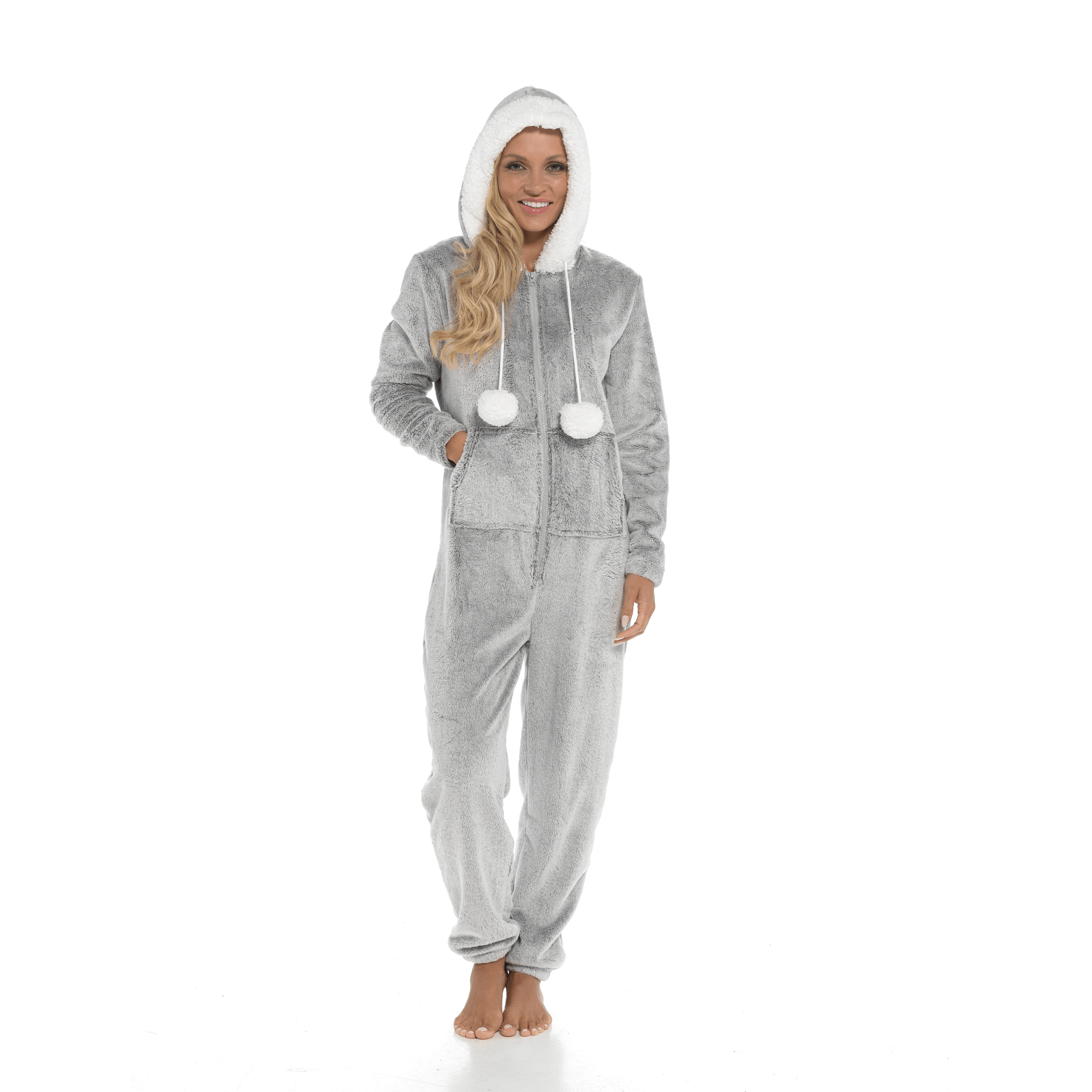Women's Shimmer Fleece Hooded Onesie Pyjama With Zip Pockets And Pompoms