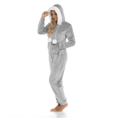 Women's Shimmer Fleece Hooded Onesie Pyjama With Zip Pockets And Pompoms