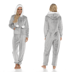 Women's Shimmer Fleece Hooded Onesie Pyjama With Zip Pockets And Pompoms