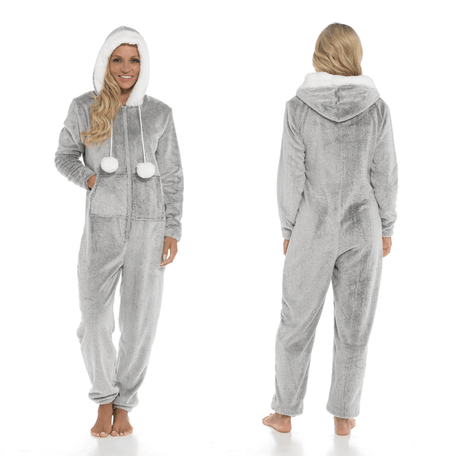 Women's Shimmer Fleece Hooded Onesie Pyjama With Zip Pockets And Pompoms