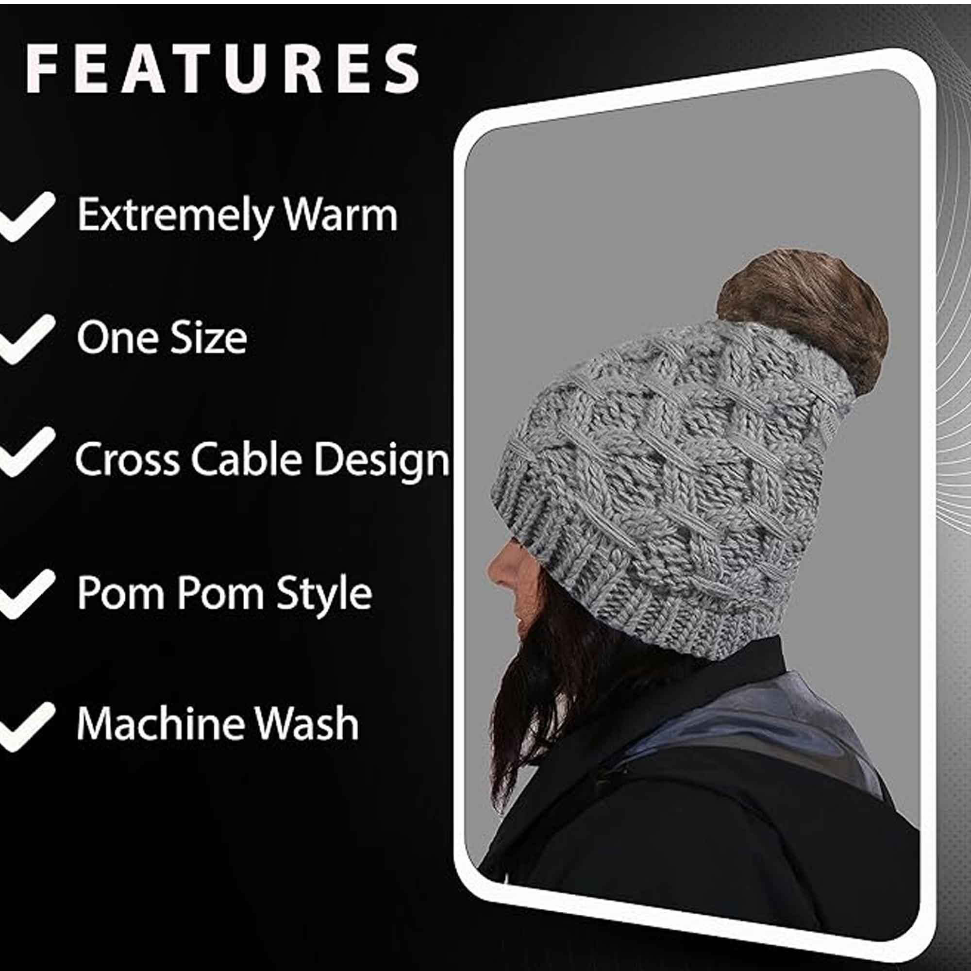 Women's Waterproof Thinsulate Insulated Chunky Beanie Hat With Pom Pom Cable