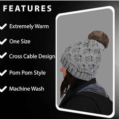 Women's Waterproof Thinsulate Insulated Chunky Beanie Hat With Pom Pom Cable